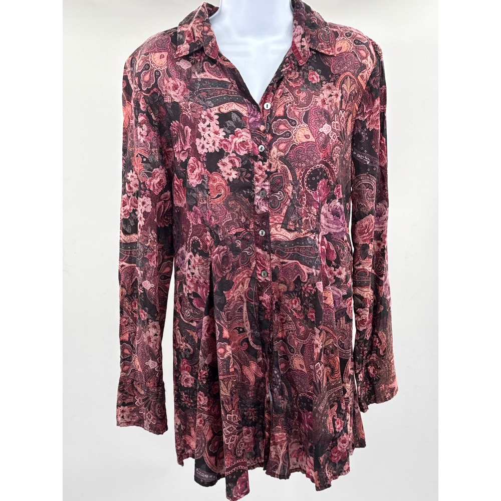 Cino Womens Medium Pink Purple Paisley Floral Crinkle Button Down Tunic Blouse - Picture 2 of 11
